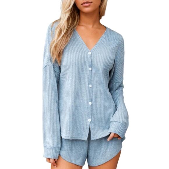 Cupshe Other - CUPSHE Women’s Ribbed Knit Button Down 2-Piece Pajama Set Long Sleeve Shorts L